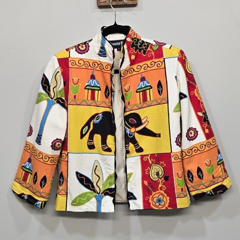 Vintage 90s Painted Pony Jacket Small Colorful Elephant Boho Festival Artsy Folk